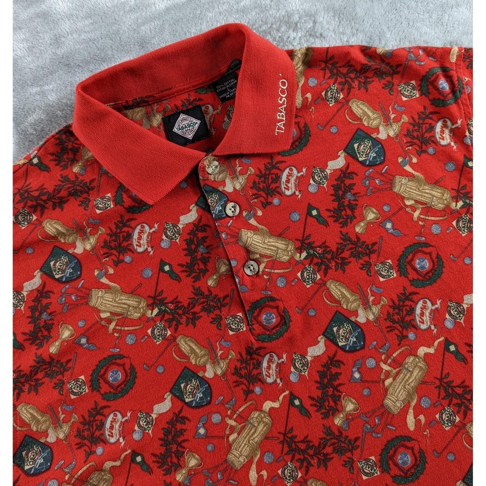 VTG Tabasco Polo Shirt Mens Large Red Knit Golf Club Hot Sauce All Over Print